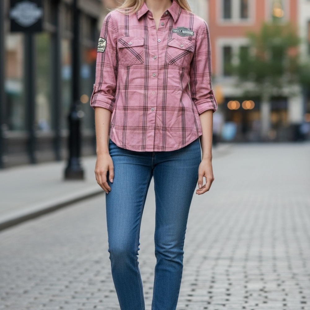 Pink Plaid Button-Up Shirt - Harley Davidson